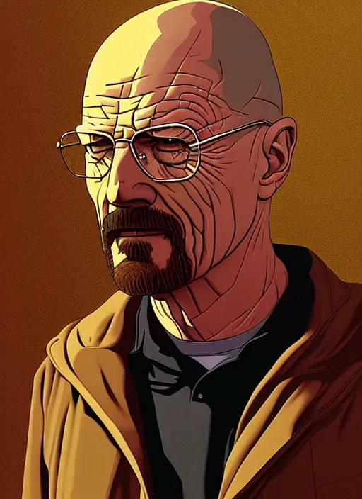 Prompt: highly detailed poster artwork by Michael Whelan and Tomer Hanuka, of Walter White, from scene from Breaking Bad, clean