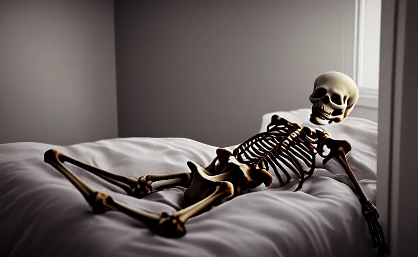 Image similar to matte oil painting of a skeleton dressed in pajamas inside of a comfy bedroom, extremely detailed, sleepy, cozy, 4 k, 8 k,