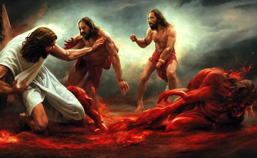 Image similar to hyperrealistic photo of Jesus Christ pummeling red-skinned Satan devil demon Lucifer in the face on the floor to a pulp, 8k cinematic, epic fight scene, stunning composition, DSLR focus on the subjects