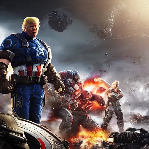 Image similar to Portrait! of President Donald Trump as ((captain america)) in Gears of War, splash art, movie still, cinematic lighting, dramatic, octane render, long lens, shallow depth of field, bokeh, anamorphic lens flare, 8k, hyper detailed, 35mm film grain