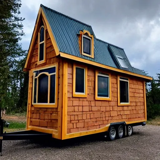 Image similar to tiny home that looks exactly like a ukrainian cathedral but on a trailer