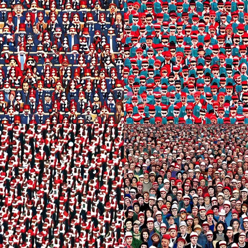 Prompt: A Where's Wally? image but every person is Wally,