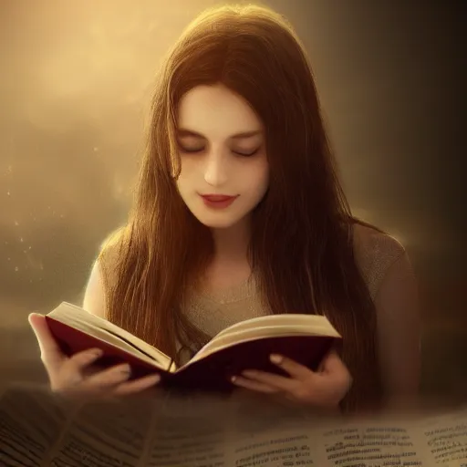 Image similar to ! dream a girl reading a book, her hair flowing down, hyper - realistic, very detailed, intricate, slight smile expression, photo realistic, dramatic cinematic lighting, octane render, 4 k, ultra detailed