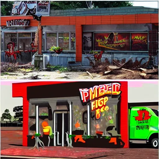 Image similar to zombie fast food restaurant