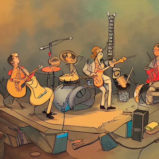 Image similar to rats playing in a rock band inspired by the beatles, inside a wooden house, style by disney, studio ghibli, pixar, intricate, highly detailed, digital painting, artstation, concept art, 7 0 s pallete, high quality, trending on artstation