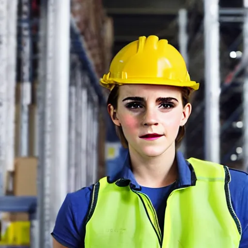 Prompt: photo, close up, emma watson in a hi vis vest, in warehouse, android cameraphone, still from industrial training video, 2 6 mm,