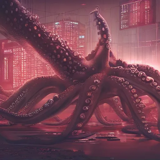 Image similar to Illustration of the Chinese communist party as a dirty octopus with lots of tentacles, dystopian, dirty, cyberpunk, cgsociety, highly detailed, 8k