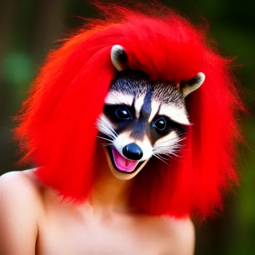 Image similar to raccoon wearing bright red wig, photo, detailed, 4 k