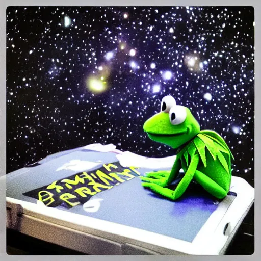 Image similar to “ kermit the frog as an attack ship, on fire off the shoulder of orion ”