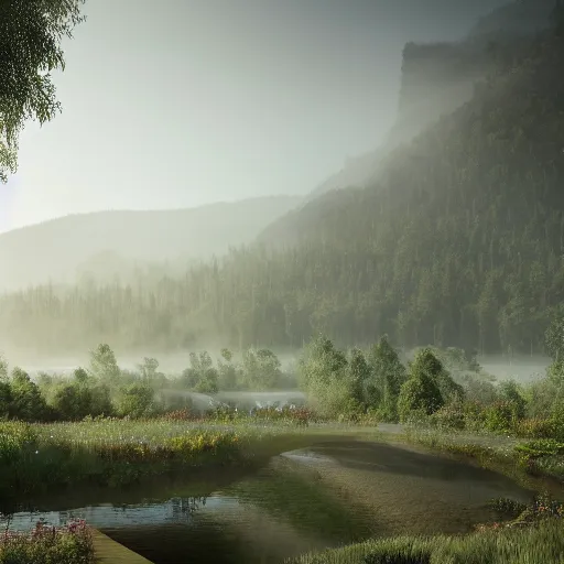 Prompt: ecovillage 🏢designed by olson kundig, day time, grand mountains and forest in the distance, farm and gardens, streams, white mist, sun in the sky, Cinematic, environment concept art, ethereal, ultra detailed, unreal engine style, cinematic light, trending in artstation, highly detailed, epic scene