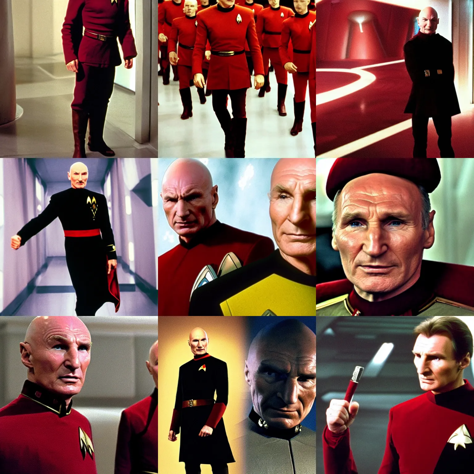 Prompt: Liam Neeson as Captain Picard from Star Trek The Next Generation, wearing a red captain's uniform