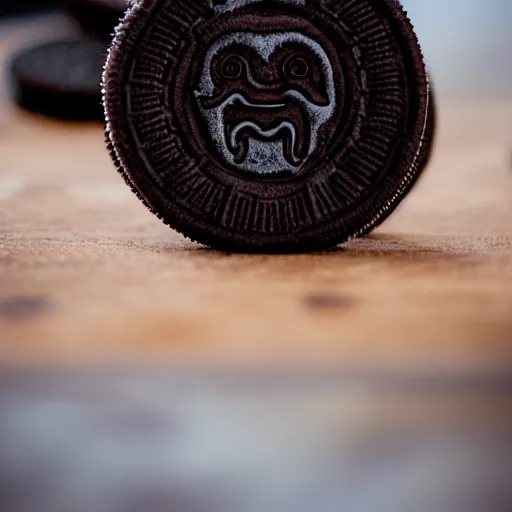 Prompt: an oreo with the imprint of the devils face on the chocolate cookie, photography, cinematic