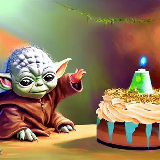 Image similar to (baby yoda) smashing his hand into his birthday cake with candles, mischievous, inquisitive, devious, hilarious, funny, by Tyler Edlin