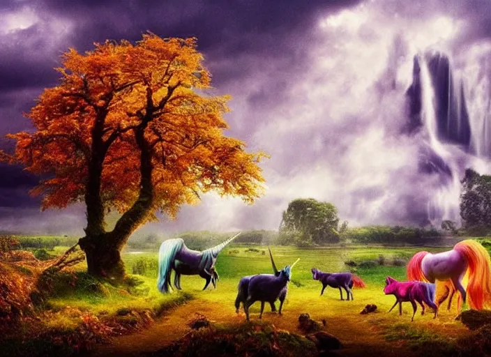 Prompt: unicorns in an autumnal landscape, river and waterfalls, pretty tree with fruits, tormented sky with rain in the background, immaculate horns, little pixies and goblins playing, inspired by clark amanda and corfield paul