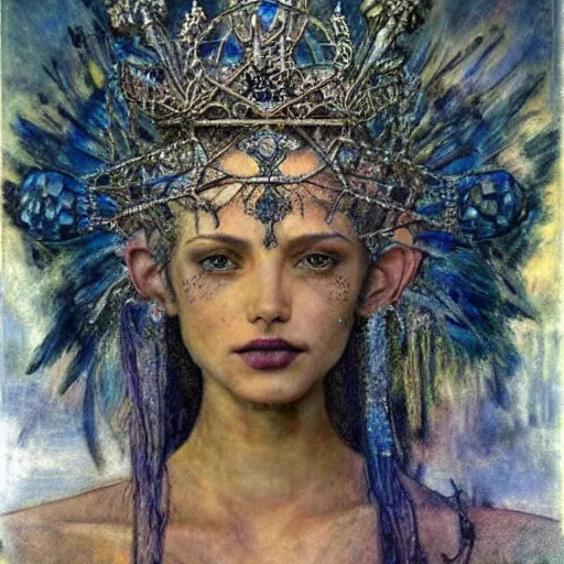 Image similar to the crystal crown, by Luis Royo Annie Swynnerton and Nicholas Roerich and Diego Rivera, tattooed bioluminescent skin, elaborate costume, geometric ornament, symbolist, rich color, dramatic cinematic lighting, smooth, sharp focus, extremely detailed