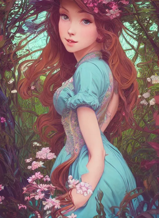 Image similar to beautiful girl with long turqoise hair in a garden, cute, intricate, highly detailed, digital painting, trending on artstation, concept art, smooth, sharp focus, backlit, rim light, vivid colors, illustration, unreal engine 5, 8 k, art by rossdraws and alphonse mucha