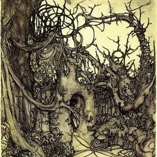 Image similar to fantastic underwater world, environment, building, faerie magic, cast iron fence, thorns, briarwood, overgrown, by Arthur Rackham, extremely detailed