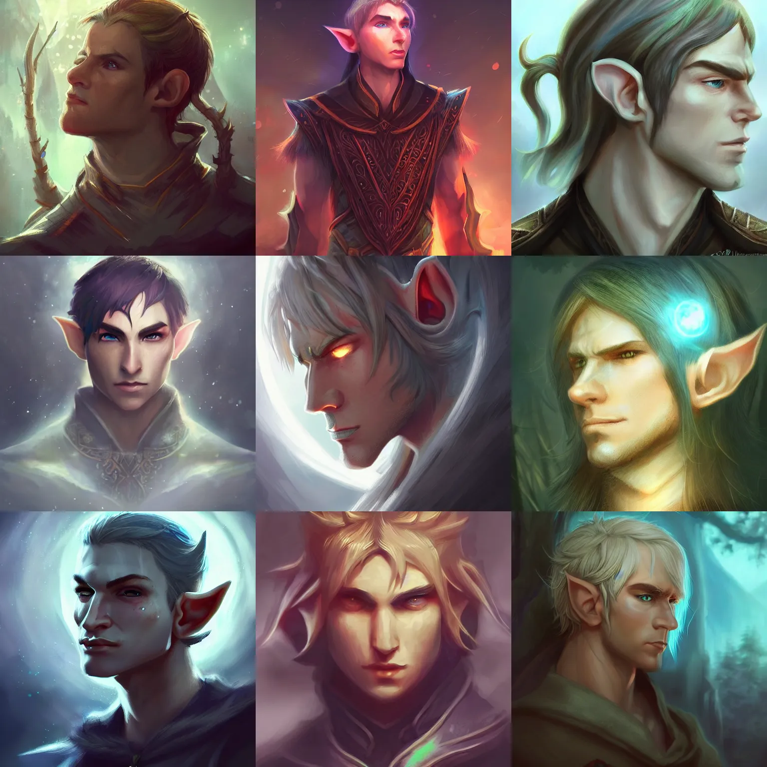 Prompt: A male elf, forwards facing, centered, profile shot, fair, fantasy concept art, beautiful, magical lighting, mystical, shimmers, nature, Artstation, instagram