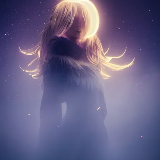 Prompt: portrait of moon witch, beautiful, attractive, glowing, jaw dropping, magical, dynamic lighting, dark, menacing, 4 k, octane render, age 2 0, background moon, anime