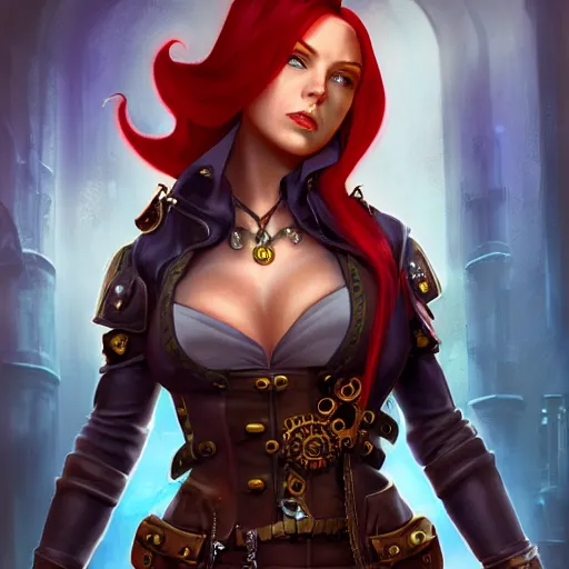 Image similar to Portrait of a female steampunk detective with long flowing red hair in World of Warcraft, cover art, ultra wide lens shot, pretty, beautiful, DnD character art portrait, matte fantasy painting, DeviantArt Artstation, by Jason Felix by Steve Argyle by Tyler Jacobson by Peter Mohrbacher, cinematic lighting, unreal engine, octane render, realistic lighting