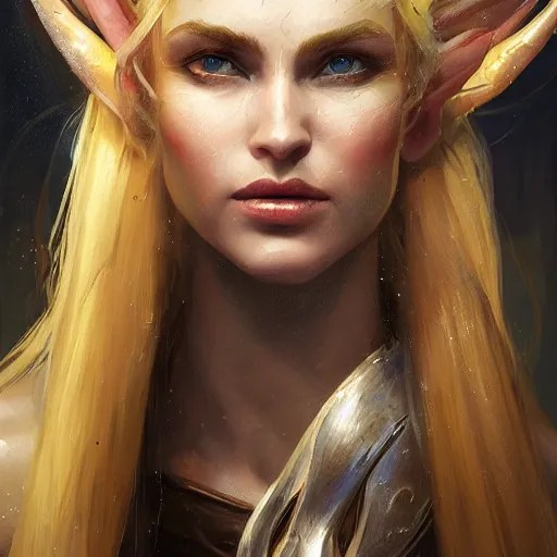 Image similar to A head-on detailed oil fantasy portrait of a pretty elf woman with horns on her forehead, long blonde hair and bright copper irises, by greg rutkowski, trending on artstation, dungeon and dragons art