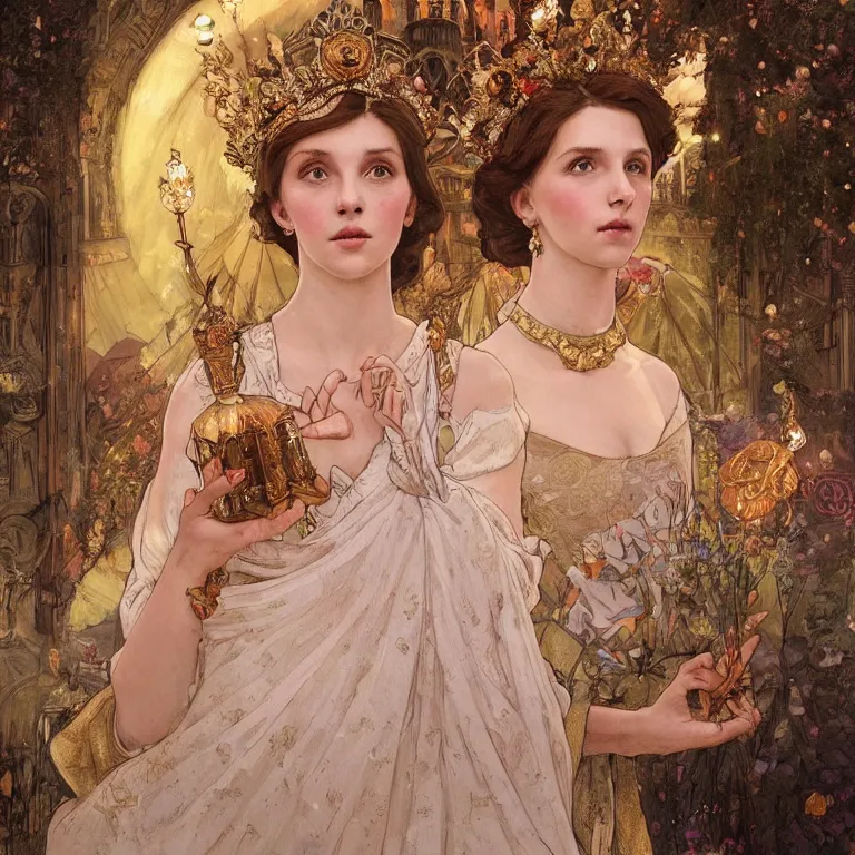 Image similar to a beautiful painting of a crowned princess in an ornate gown resembling millie bobby brown watching the lantern festival in ancient london, at night with a sky full of stars, intricate, elegant, highly detailed, digital painting, artstation, concept art, by krenz cushart and artem demura and alphonse mucha