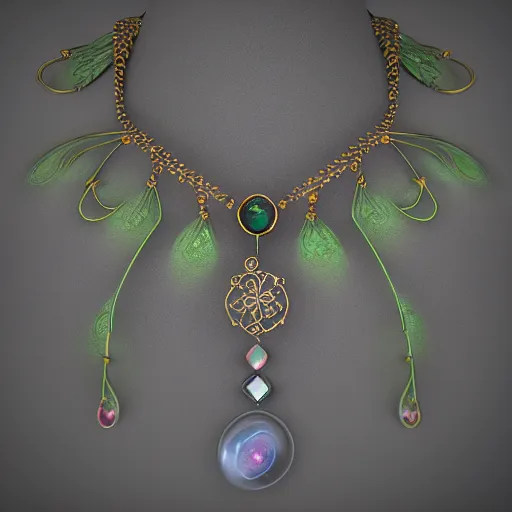 Prompt: intricate! organic, nordic wedding ring, necklace, gemstones, dreamy floral background, refraction, occlusion, highlights, lower and upper levels, keyshot render, octane render, vray render