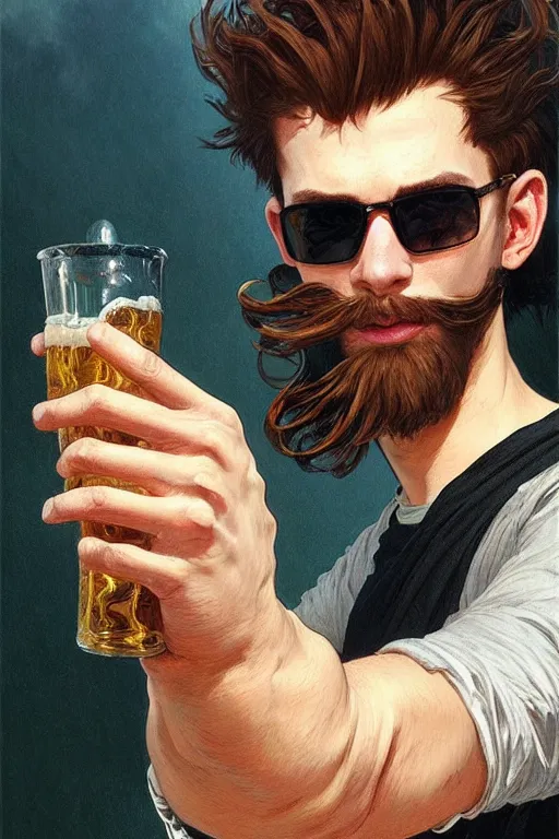 Image similar to a young man wearing raybands holding a beer giving a thumbs up with a long beard, real life skin, intricate, elegant, highly detailed, artstation, concept art, smooth, sharp focus, art by artgerm and greg rutkowski and alphonse mucha