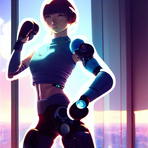 Image similar to beautiful cyborg - girl punching through a large reflective shattering window, window reflections, reflective, mirror reflection, refractions on lens, full round face, biomechanical details, cyberpunk anime art, full body shot, lens flare, wlop, ilya kuvshinov, artgerm, krenz cushart, greg rutkowski