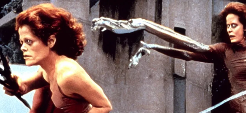 Image similar to sigourney weaver fighting a monster in a film still from a roger corman film, hyperrealistic