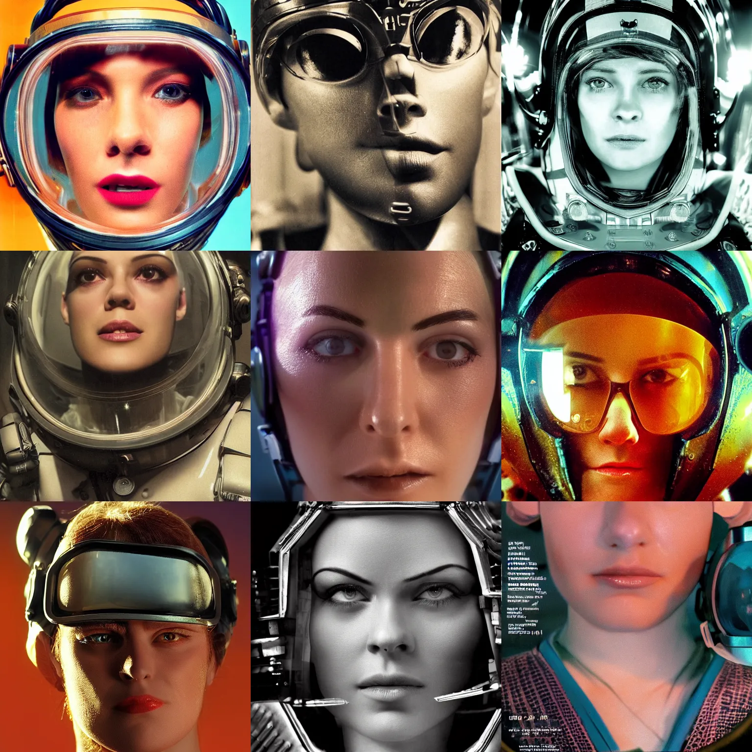 Prompt: beautiful extreme closeup portrait photo in style of 1970s frontiers in retrofuturism deep diving helmet fashion magazine wachowski edition, highly detailed, eye contact, soft lighting