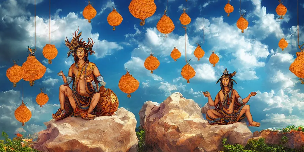 Image similar to wind deity enjoying the view from his stone heavenly palace, decorated with windchimes and paper lanterns, stunning nature and clouds in background, digital art, detailed