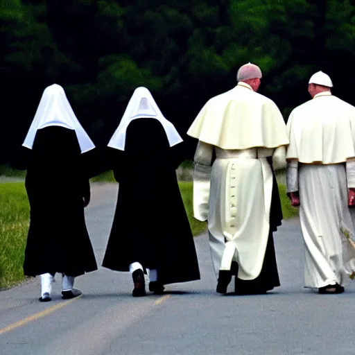 Image similar to priest, pope, jackal, [ nun ], walking down the road,
