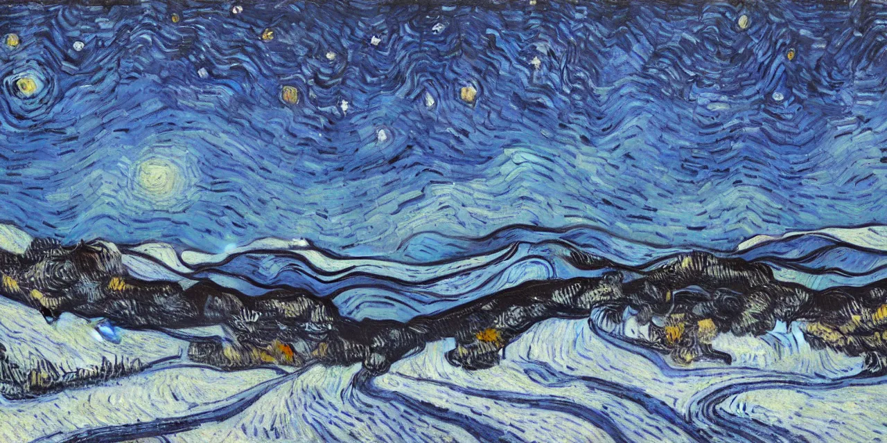 Prompt: thick impasto textured monochrome oil painting of the laurentian appalachian mountains in winter by vincent van gogh, unique, original and creative landscape, snowy night, distant town lights, aurora borealis, deers and ravens, footsteps in the snow, brilliant composition