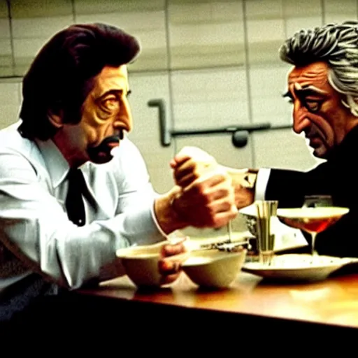 Image similar to movie still of the dinner scene in Heat, rendering of al pacino and robert de niro as old men, cinematic,