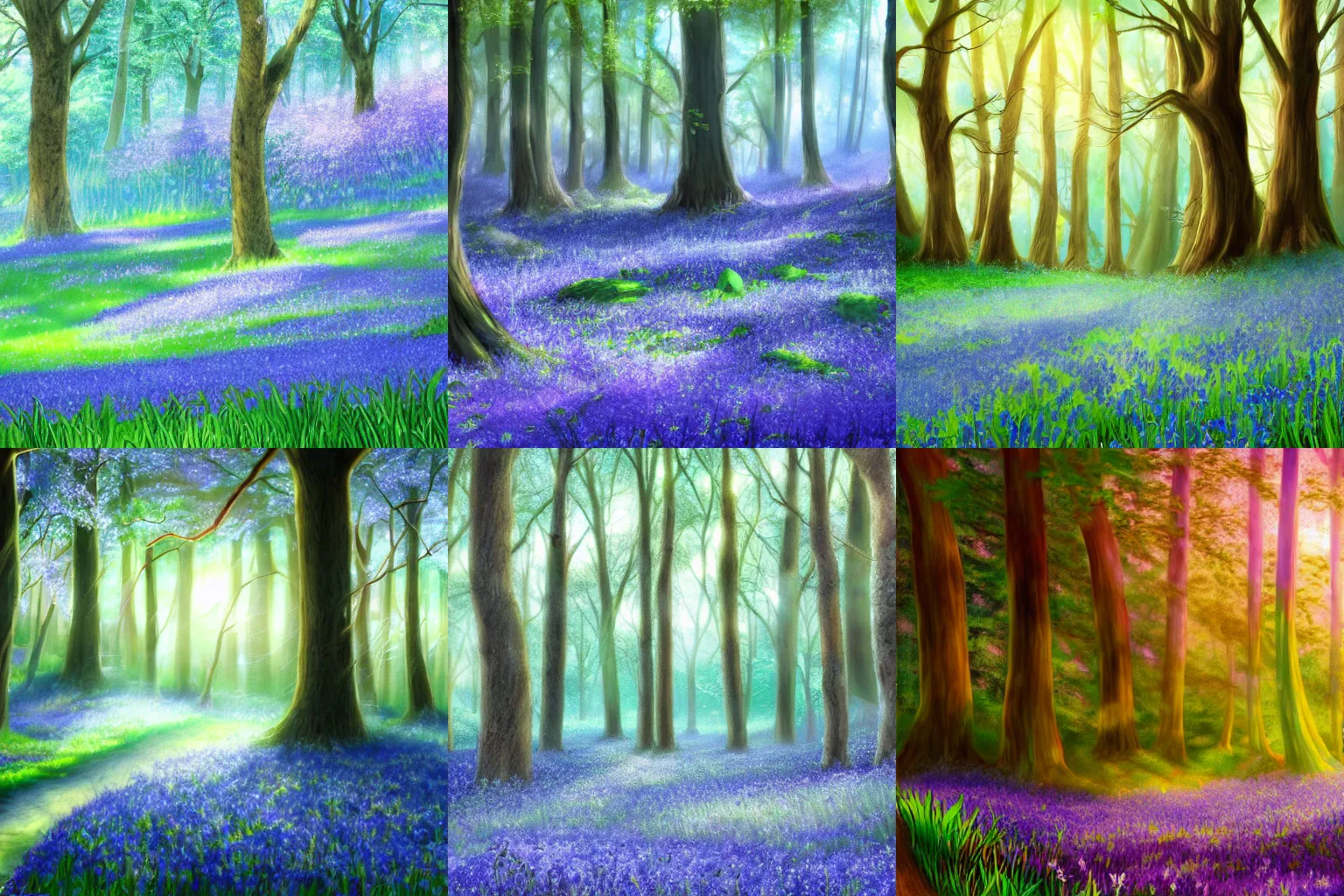 Prompt: a digital painting of a bluebell covered forest floor in sunlight with a few trees in the background, Pixiv, Gensokyo, Touhou, nature, magic, beauty, pretty, serene, blue, pastel, soft, elegant, spring, 2010