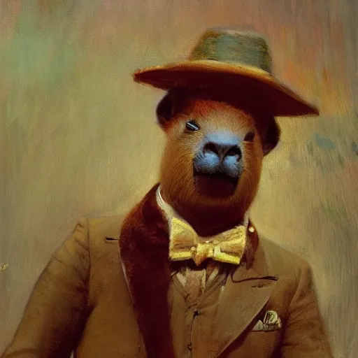 Image similar to portrait of a proud capybara dressed as a gentleman, artwork by gaston bussiere, craig mullins, trending on artstation, capybara wearing a gentleman's uniform