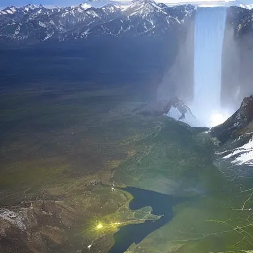 Prompt: very - distant aerial photograph of : a waterfall is falling from the peak of the world's tallest mountain down to a lake surrounded by a city at the base of the mountain. the waterfall is unbelievably tall.