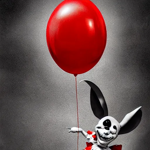 Prompt: grunge cartoon landscape painting of a cartoon bunny and a red balloon by - michal karcz, loony toons style, pennywise style, horror theme, detailed, elegant, intricate
