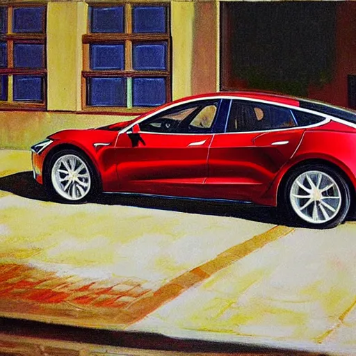 Image similar to telsa electric car, painting by raphael