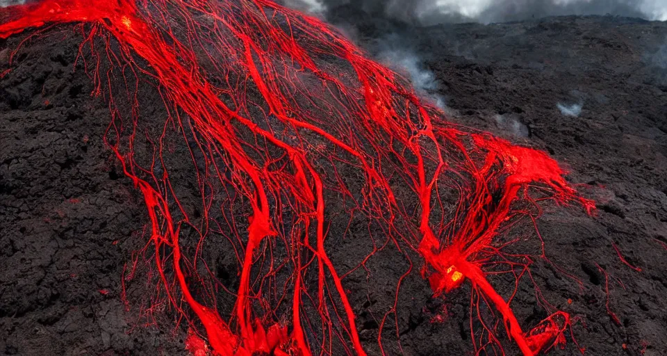 Prompt: a volcano made of ivory vines and crimson rocks enters in eruption, it spits a smoke in the shape of demonic eye, by studio 4c