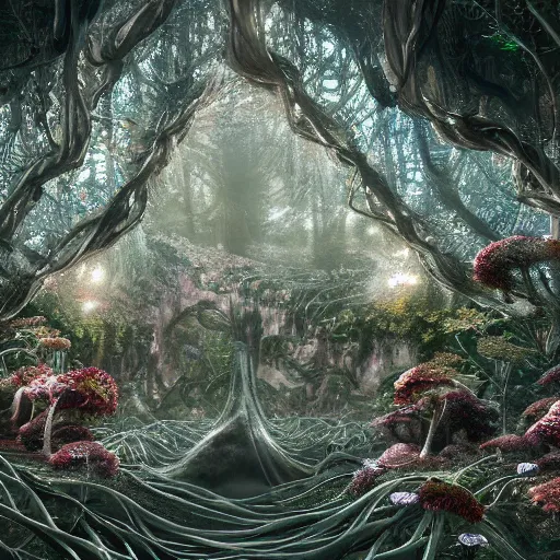 Image similar to biocomputer heart organ intertwined with white biocomputer flowers in a biomechanical cave forest, intricate environment, matte painting, diffused lighting, highly detailed cinematic, atmosphere, diffused lighting, highly detailed digital art, trending on artstation, depth of field, wide angle