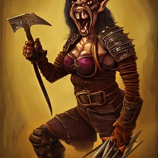 Prompt: character portrait of a crazed female goblin wielding daggers and wearing fully clothed leather armor. d & d. digital painting. high detail. trending on artstation. larry elmore.