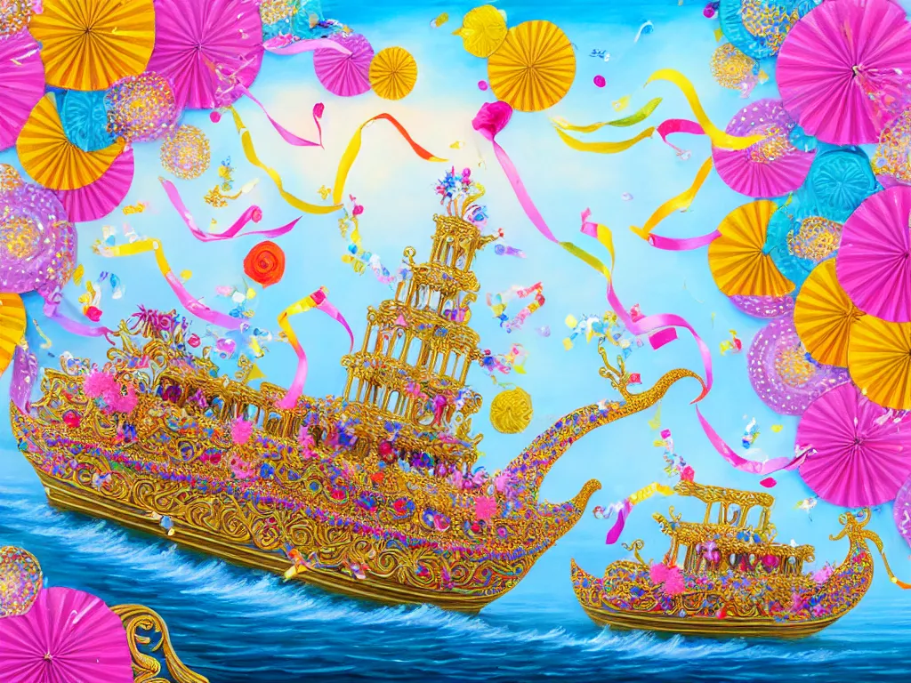 Prompt: a highly detailed painting of a fantasy ornate embellished swan boat cruise ship covered in flowers, streamers, confetti, pin wheels, kites.