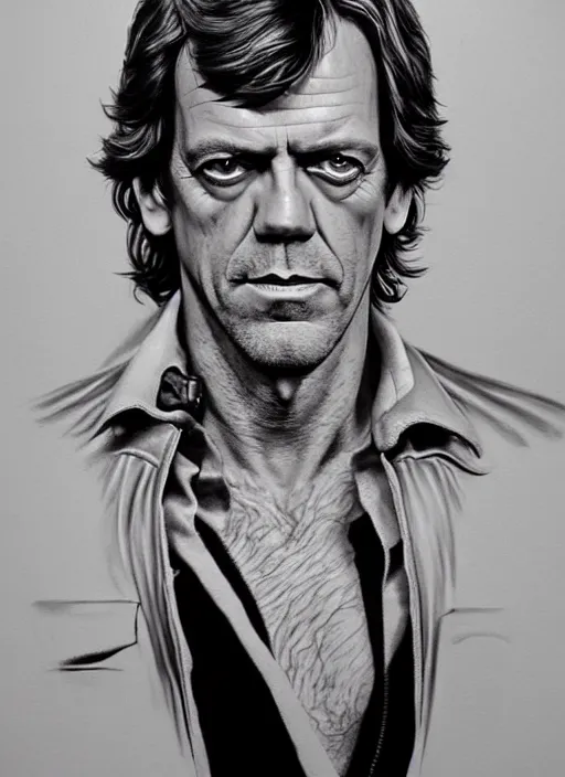 Image similar to upper body portrait of hugh laurie as han solo in star wars ( 1 9 7 7 ), wearing han solos clothes, wearing a black vest and a white shirt, hyperrealistic, very detailed painting by glenn fabry, by joao ruas, by artgerm