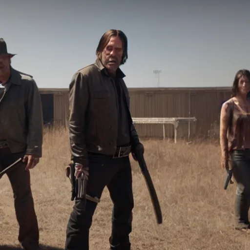 Prompt: cinematic still from the walking dead tv show with negan played by anton chigurh, anton is smiling and holding baseball bat, dark