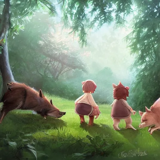 Prompt: three little pigs play around the woods, while a wolf is watching them from a bush, fantasy art by Cushart, Krenz