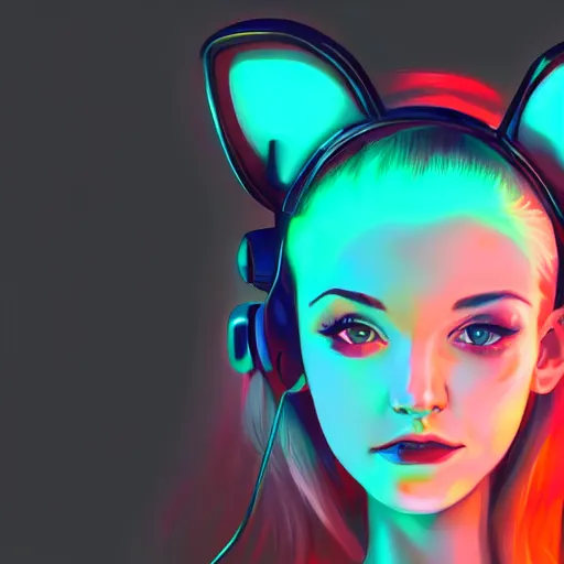 Image similar to portrait of a cute young woman with robot ears and eyes, 4k, sharp focus, neon colored fluorescent lighting, Andreas Rocha