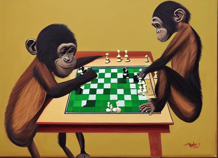 Image similar to a painting of a chimp playing chess in the style of donald roller wilson