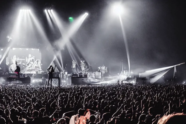 Image similar to arctic monkeys concert at the docks in burgas, photograph, dslr, lightshow, epic